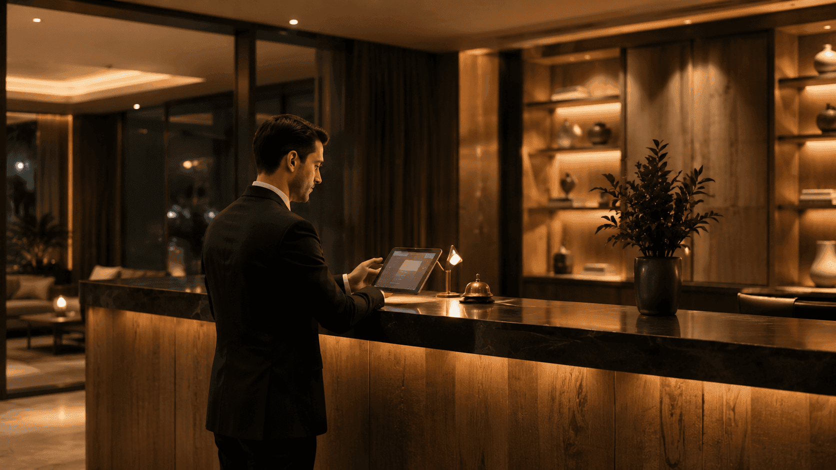 Reception desk in a double-height commercial entrance lobby