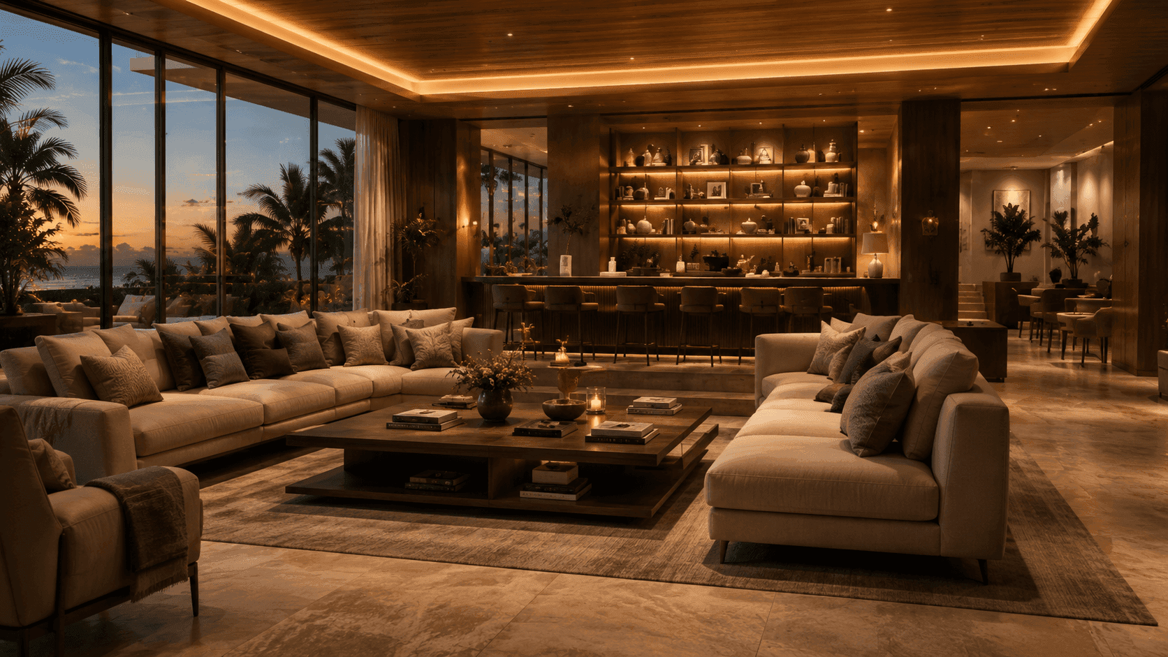 Restaurant interior with warm lighting and city views
