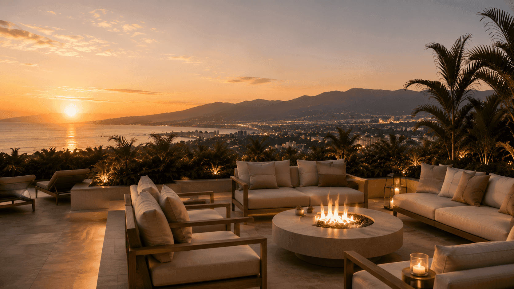 Open-air rooftop terrace overlooking the city at sunset